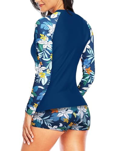 Image of Daci Women Two Piece Rash Guard Long Sleeve Swimsuits with Short UPF 50+ | UPF 50+,High Waisted Short,Long Sleeve,High Neck,Built-in Brief,Quick Dry