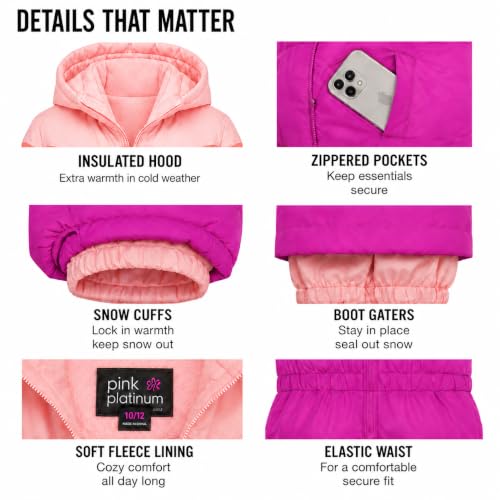 Image of Pink Platinum Girls Snowsuit 2-Piece Insulated Hooded Jacket & Bib