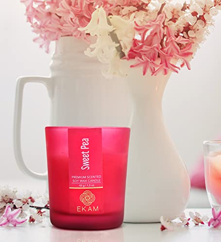 Image of EKAM Sweet Pea Votive Soy Wax Scented Candle, 40 Grams, 10 Hours Burn Time| Long Lasting Premium Candles | Ideal for Home Decor | Gifting & Aromatherapy (Pack of 9)