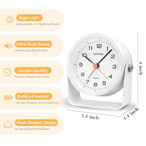Image of Lamisola 3.5 Inch Small Desk Battery Clock, White Alarm Clock for Bedroom | Travel Clock for Bathroom Table Shelf Bedside, Cute Metal Vintage