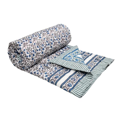 Image of BLOCKS OF INDIA Cotton Single Size Quilt Hand Block Print for Light Winters (60x90 Inches) (Blue Grey JAAL)-300 TC