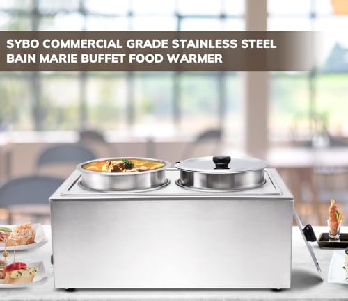 Image of SYBO Food Warmer Steam Table Easy to Clean Commercial Grade Stainless Steel Bain Marie Buffet for Catering and Restaurants ETL, CE ROHS Certified for Commercial, Safety (2 Round Pots with Tap)