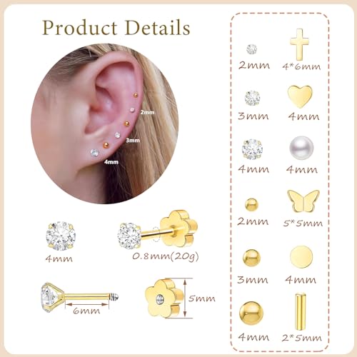Flat Back Earrings for Women, Hypoallergenic 14K Gold Cartilage Earring Tragus Helix Small Surgical Stainless Steel Screw Back Earrings CZ/Ball/Pearl/Dot/Heart/Cross/Butterfly2