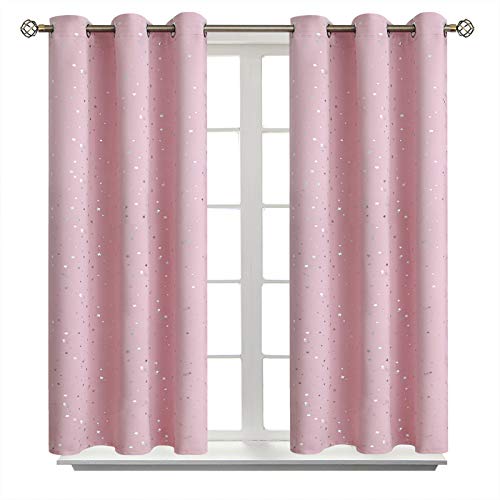 Image of BGment Kids Blackout Curtains for Bedroom - Grommet Thermal Insulated Silver Star Print Room Darkening Curtains for Kids Room, Set of 2 Panels, 42 x 54 Inch, Baby Pink
