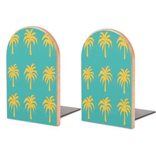 Quteprint Confezione da 2 fermalibri in legno, motivo palma gialla, antiscivolo, resistenti, per scaffali e scrivanie, supporti decorativi per libri, per casa, ufficio, biblioteca, scuola, 12,7 x 7,6