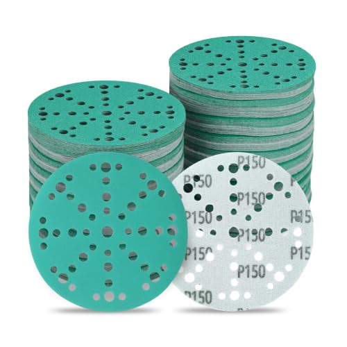 Image of 6 Inch 49 Hole Wet Dry P150 Grit Sanding Discs - 50 Pack Box | Fits Festool ETS / RO 150 Sanders, Zirconia Heavy-Duty Hook & Loop Film Sandpaper for Wood, Auto, Metal, Paint, Body & More
