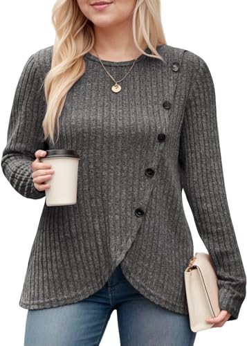 Image of DOLNINE Womens-Plus-Size-Tops Casual Long Sleeve Shirts Trendy Button Side Split Fall Cute Tunic Sweatshirts XL-5XL