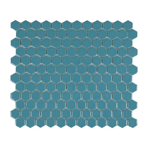 Tenedos Turquoise Hexagon Porcelain Mosaic Tile Sheet 1” - Glossy
