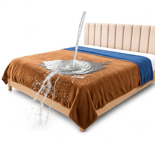 Image of Waterproof Throw Blanket - Leakproof, Spill-Proof Flannel Blanket for Bed, Couch, Kids & Pets Protection, Reversible Water-Proof Design (Velvet Brown & Twilight Blue, 40x60)