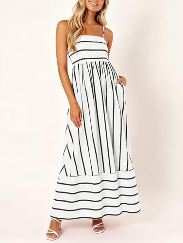 Image of chouyatou Women's Striped Back Smocked Maxi Dress Sexy Spaghetti Strap Cut Out Flowy Swing Long Dress