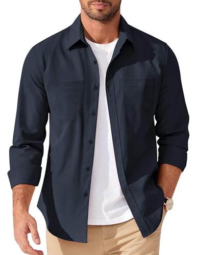COOFANDY Men’s Smart Casual Shirt Long Sleeve Untucked Fit Pocket Accent Navy Blue
