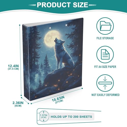 Image of 3 Ring Binder Wolf Moon Galaxy Winter Forest a 1.5 inch Binders Three Ring Binders with Clipboard Fit 8.5'' x 11'' Paper 3 Interior PVC Clear Pockets for Office Supplies