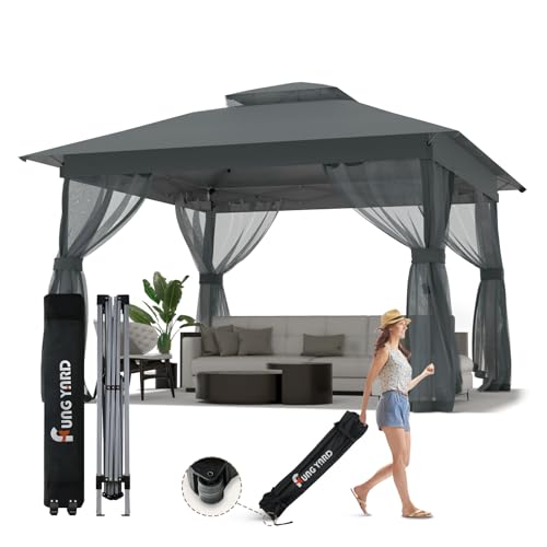 Pop Up Gazebo 11x11 - Outdoor Canopy Tent with Mosquito Netting & Wheeled Carry Bag, Double Roof Gazebos for Backyard Party Garden Wedding Camping (Gray, 11x11)