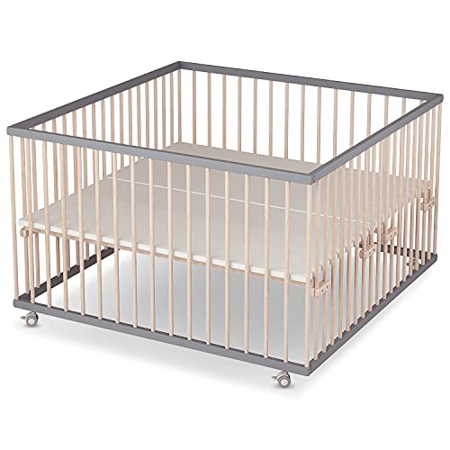 Sämann Parque infantil, Parques de juegos 120x120 cm con colchón, comprobado por el TÜV 2020, regulable en altura de forma continua, acabado lacado gris/natural