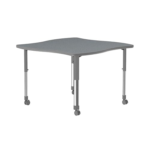 Miniatura 1 de Correll 42"x42" Collaborative Classroom Table, Height Adjustable (25"-35) Swerve Shaped Gray Granite HPL Top, Gray Edge Band, Castors, Modern