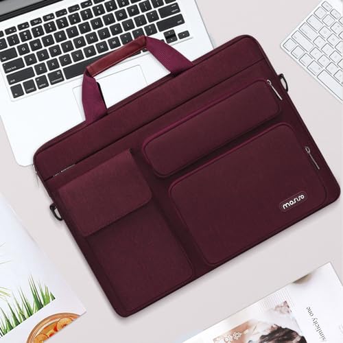 Image of MOSISO Laptop Shoulder Bag Compatible with MacBook Air 15 M3 M2 2024 2023 /Pro 16 inch M4 M3 M2 M1,15-15.6 inch Notebook with 2 Raised&1 Flapover&1 Horizontal Pocket&Handle&Belt, Wine Red