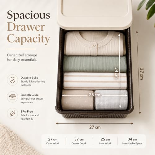 Image of Heavy Duty Plastic Storage Drawer with Wheels | Modular Cabinet for Bedroom, Office, Home or Classroom| Chest of Drawers Organiser for Cosmetics, Kitchen items, Toys (Brown, 3)