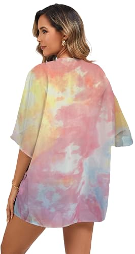 Image of FINOCEANS Womens Floral Chiffon Kimono Cardigans Loose Beach Cover Up Half Sleeve Tops