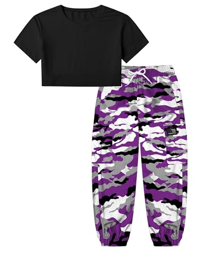 Image of Betusline Girls 2 Piece Set, Black Cute Short Sleeve Crop Tops + Purple Gray Camo Cargo Jogger Pants Clothes, 11-12Y = Tag 160