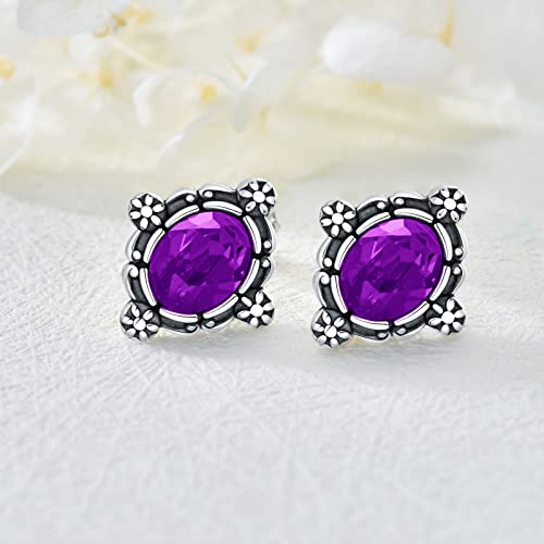 Vintage Amethyst Purple Studs Earrings Sterling Silver Victorian Retro Oxidized Earrings With Simulated Amethyst Purple February Birthstone Crystal #TOP3