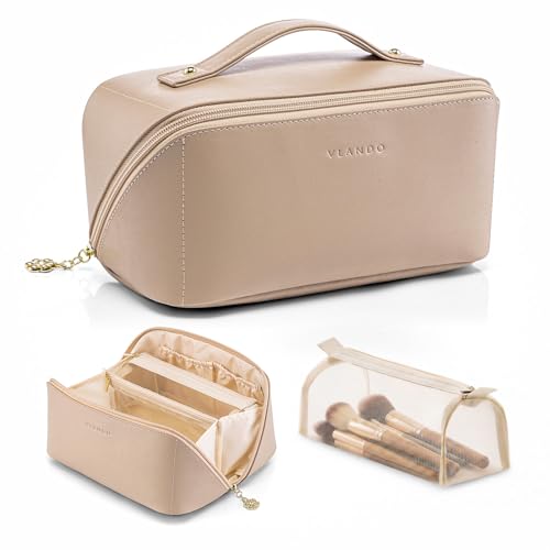 VLANDO Makeup Bag,Travel Toiletry Bag,Cosmetic Bag for Women PU Leather Portable Make up Bag for Skincare, Brushes & Travel Essentials-Toffee