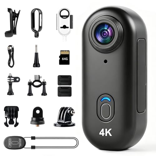 Image of 4K Mini Action Camera - Motorcycle Camera with Cycling Stand & 64GB Card | Hands-free POV Recording, With Wearable Magnetic Lanyard, Helmet Mount Waterproof Case for Cycling Bike Vlogging(Black)