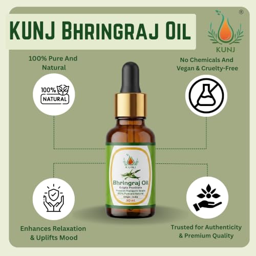 Image of KUNJ Bhringraj Oil for Hair Growth & Hair Fall Control 30ml | 100% Pure Ayurvedic Bhringraj Oil (Eclipta Prostrata) | Strong Roots, Scalp Nourishment & Dandruff Care | Natural Hair Care Oil