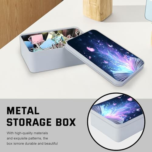 Image of Metal Tin Box with Lid,Multi-functional Storage Large Box Can Store Tea Biscuits Game Cards, Playing & Tarot Cards-Comes with 4 Magnetic Cord Clips,Magical Book with Butterflies