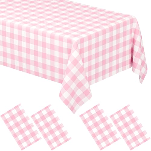 Image of 4 Pack Pink Gingham Tablecloth Rectangular Pink and White Checkered Tablecloths Disposable Plastic Pink Plaid Table Cover for Parties, Outdoor Picnic, Birthday, Wedding, Camping 54 x 108 Inch