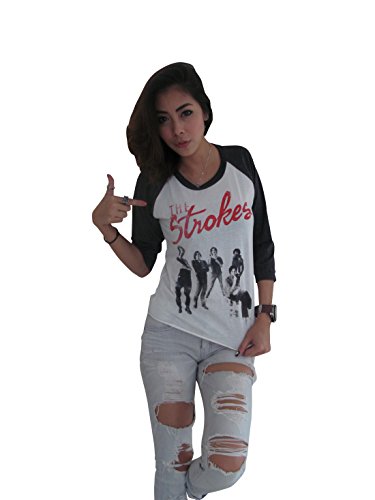 BUNNY BRAND Womens The Strokes Group Photo Music Band Rock Raglan T-Shirt,Small White