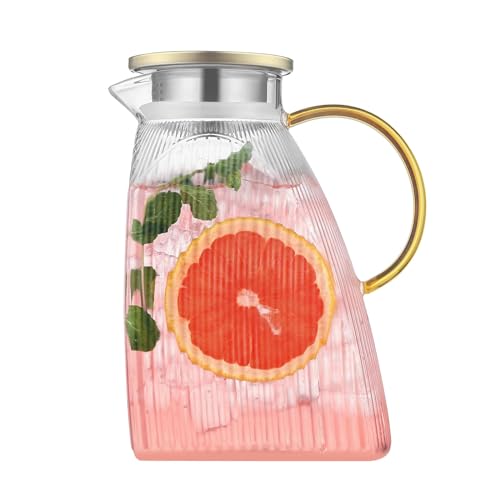 Brocca per acqua, caraffa in vetro con coperchio in acciaio inox, a prova di perdite, trasparente, per bevande calde o fredde (1,8 l/63 oz.)