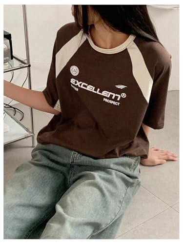 Girl's Color Block Short Sleeve T Shirts Letter Graphic Tees Summer Vintage Casual Shirt4