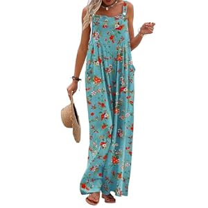 YESNO Women’s Summer Casual Overalls Loose Wide Leg Jumpsuits Boho Floral Printed Baggy Rompers with Pockets PZH