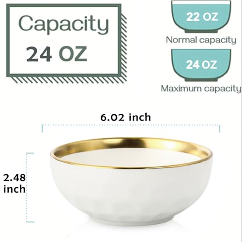 Image of vicrays Ceramic Salad Bowls Set for Kitchen, Serving - 24 Ounce Soup Bowls, Pasta Bowls, Chip Resistant, Dishwasher Safe, NOT Microwave Safe, Fluted, Stoneware, Set of 6 (White with Golden)