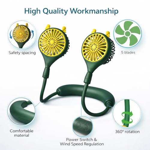 Image of One94Store Rechargeable Neck Fan (Green) | 1200mAh Battery, USB Powered Hands-Free Hanging Fan | Single Speed Dual Fan | Portable Personal Cooling Fan for Travel, Office & Outdoor Use