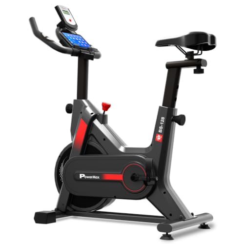 Image of PowerMax Fitness BS-128 Spin Exercise Bike for Home Use | 7KG Flywheel | Belt Drive System | Friction Resistance | LCD Display | Anti-Slip Pedals | Adjustable Seat & Handlebar