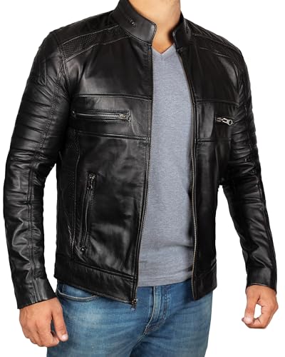 Image of Decrum Mens Cafe Racer Leather Jackets - Motorcycle Racing Style Black And Brown Real Lambskin Jacket for Men