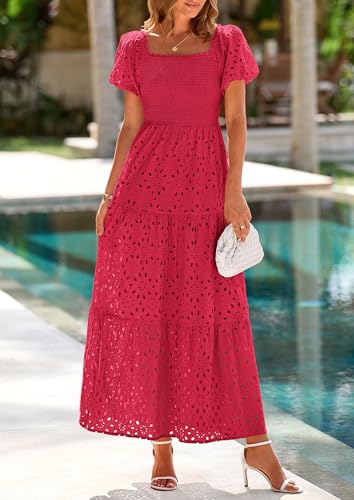 Image of PRETTYGARDEN Summer Dresses for Women 2026 Eyelet Square Neck Puff Sleeve Smocked Wedding Guest Maxi Dress with Pockets
