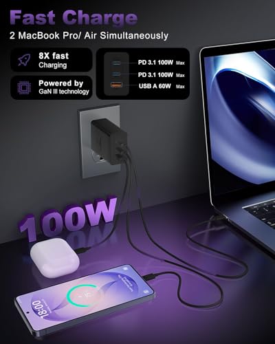Image of USB C Super Fast Phone Charger 100W, 65W GaN Type C Charger Fast Charging Block with 10ft USB C Charging Cable for Samsung Galaxy S26 Ultra /S26 /S26+,MacBook Pro /Air,iPhone /iPad Pro[2 Pack]-Black