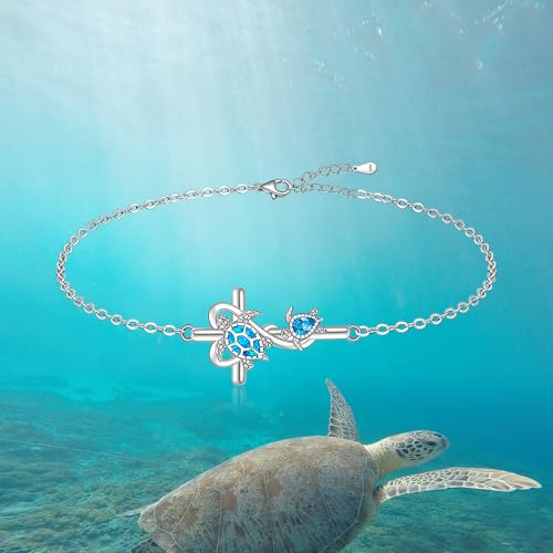 Image of Fenthring Turtle Anklet S925 Sterling Silver Blue Opal Sea Turtle Ankle Bracelets for Women Infinity Wave Ocean Beach Summer Foot Bracelet Jewelry Layered Adjustable