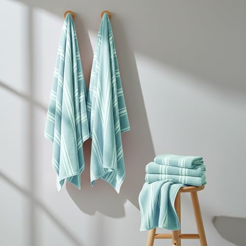 Image of Cortina Stripe Printed Towels for Bath (70 x 140 cm) 380 GSM Microfiber, Ultra Soft, Highly Absorbent & Quick Dry for Gym, Beach & Bathroom Towels for Men, Women & Kids (Blue Small Stripe)