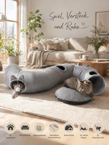 Katzenhöhle 3-in-1 Katzentunnel, rund | Atmungsaktives Leinen, Herausnehmbares Bett, Für Sommer, S-förmig verstellbar, Für Katzen und Kaninchen – Bild 3
