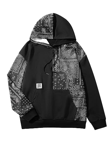 WDIRARA Men's Paisley Print Drawstring Long Sleeve Hoodie Pocket Sweatshirts Casual Pullovers