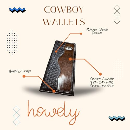 Men’s Long Leather Wallet – Hand Tooled Basketweave Bifold with Cowboy Praying Concho and Hair-On Cowhide – Rodeo Checkbook Wallet for Faith-Based Western Gifts3