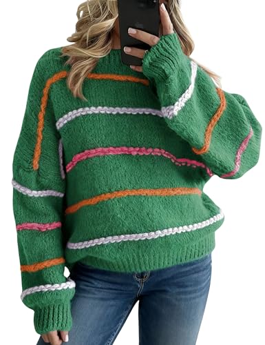 Image of QIBABU Womens Striped Sweaters Casual Lantern Sleeve Color Block Knit Pullover Sweater Tops