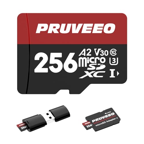 Image of PRUVEEO 256GB A2 U3 V30 4K UHD High Speed Micro SDXC Memory Card with Adapter and Card Reader for Dash Cam Smartphones Tablets Cameras, 1500 Write and Erase Cycles