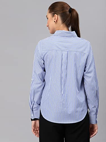 Image of Style Quotient Women Gray and White Cotton Stripe Smart Casual Shirt