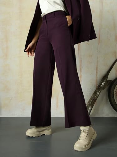 Image of High Star Women High Rise Solid Regular Length Wide Leg Casual Trousers