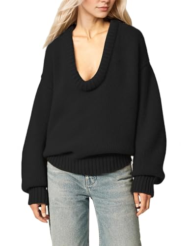 Livtany Women’s Oversized Ribbed Deep V Neck Sweater Long Sleeve Drop Shoulder Pullover Top Casual 2025 Trendy Fall Clothing