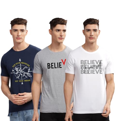 Image of ADRO 100% Cotton Lycra Tshirts for Men Combo Pack of 3 | Regular Fit | Printed T Shirt | Round Neck Half Sleeve| Mens Tshirts